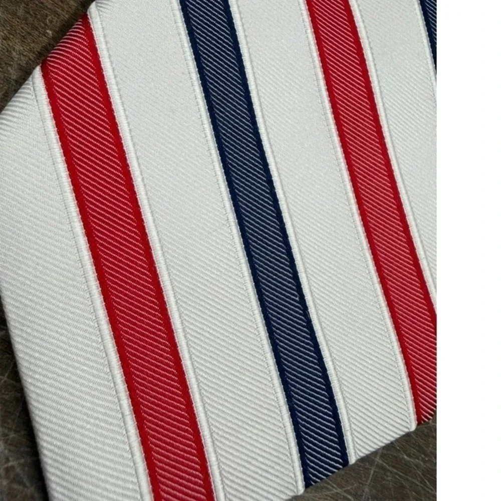 Don Loper Beverly Hills Mens Red White Navy Blue Striped 100%‎ Silk Necktie USA!